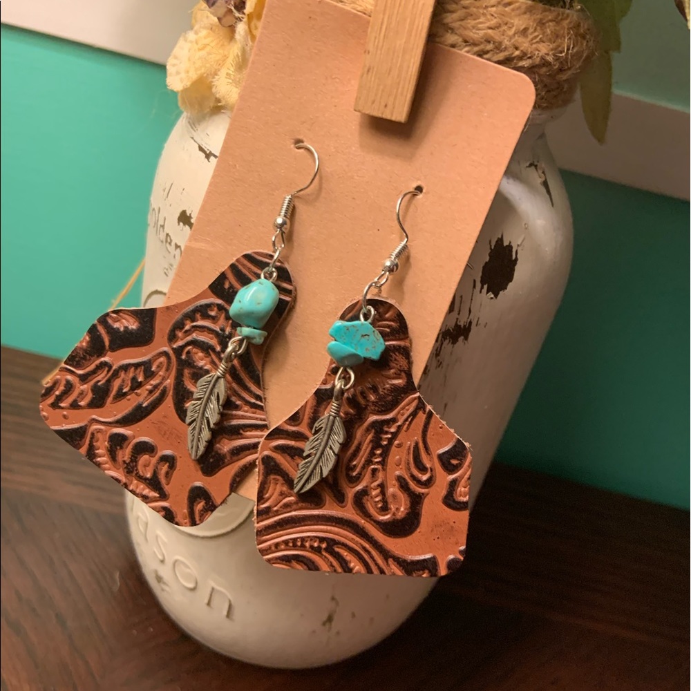 Cow Tag Faux Leather Earrings NEW